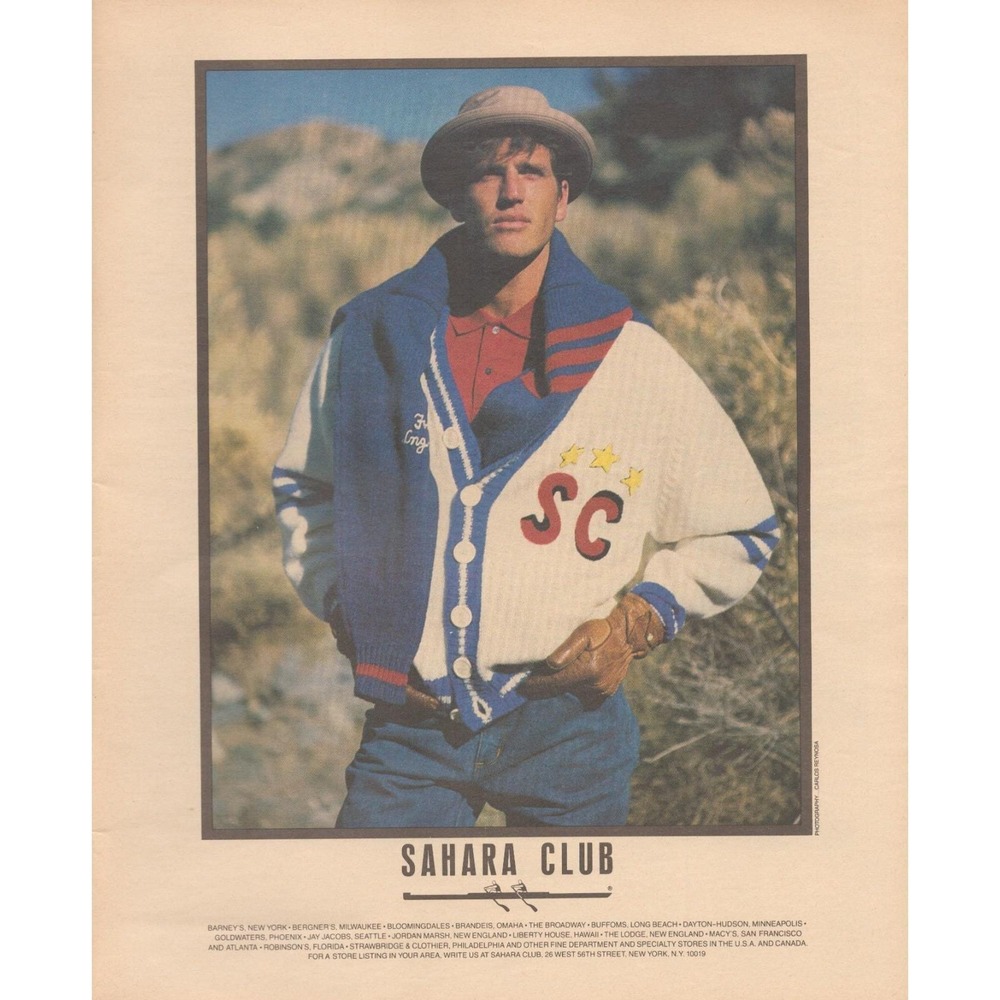 Vintage 1986 Sahara Club Print Ad Men's Varsity Cardigan 80s Fashion Decor